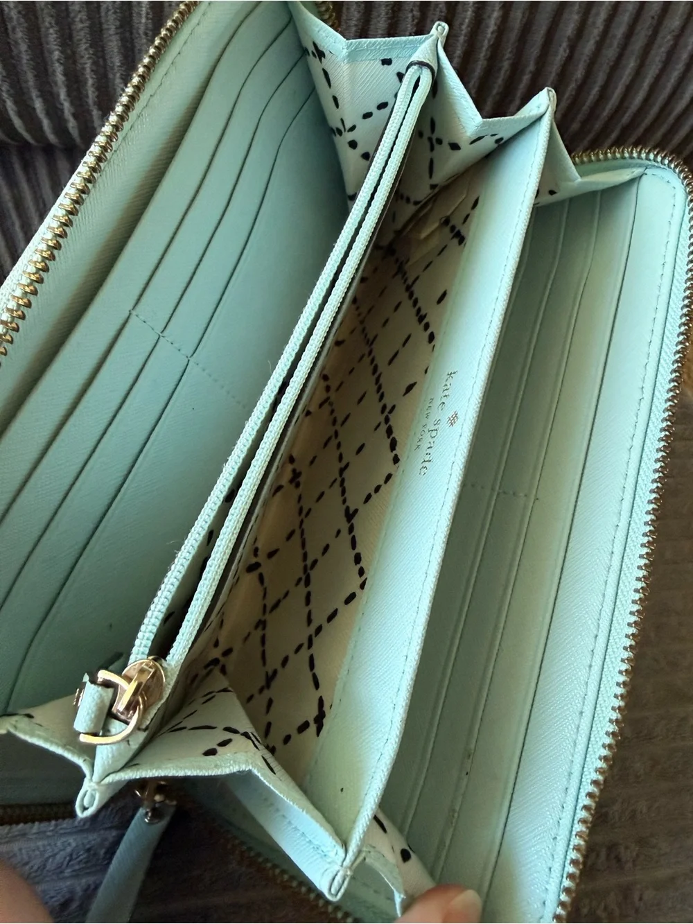 kate spade Light Blue Saffiano Wristlet Wallet Gold Plate